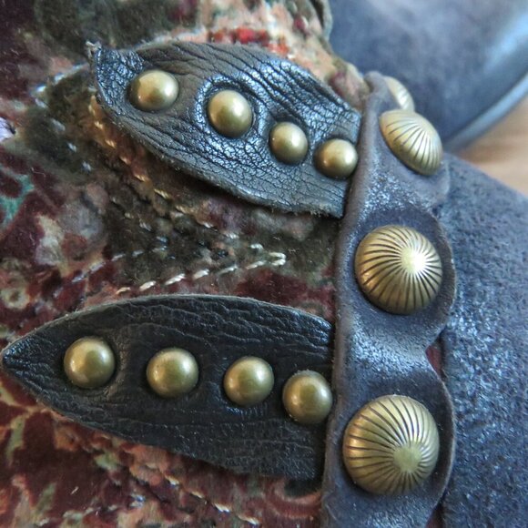 A.S. 98 Blue Floral Velvet Studded Bohemian Leather Ankle Booties Boots - Picture 8 of 15